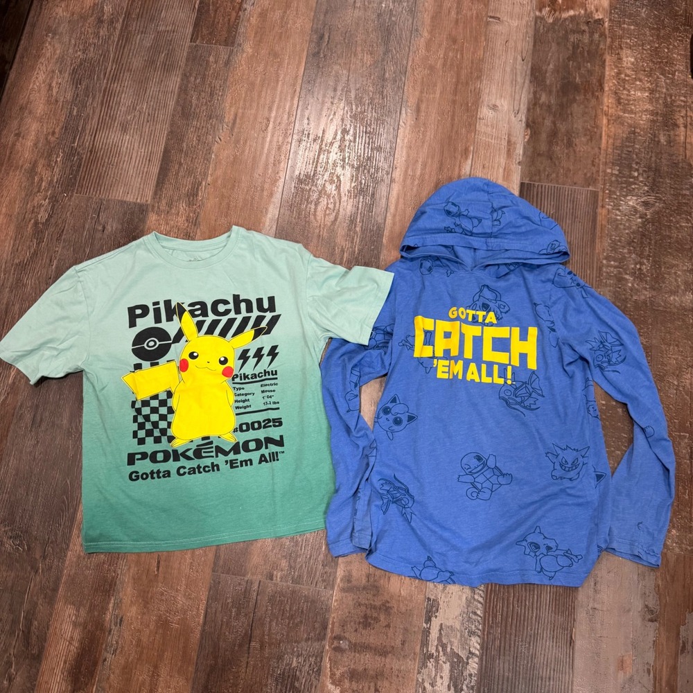 Pokemon Boys Shirt Lot of 2 Size L Pikachu Ombre Tee & Blue Hooded Long Sleeve